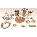 Hallmarked silver items to include twin handled tazza, christening cup, napkin ring, ashtray etc