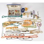 A collection of jewellery including agate necklace, silver filigree item, Accurist watch, peridot