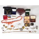 A collection of jewellery including brooches, rolled gold fob chain, vintage bracelet box, 9ct
