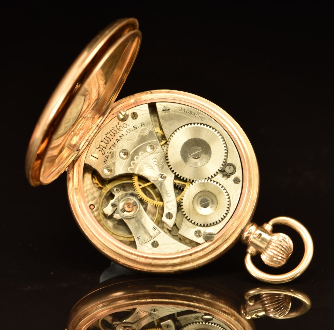 Waltham 9ct gold keyless winding open faced pocket watch with inset ...