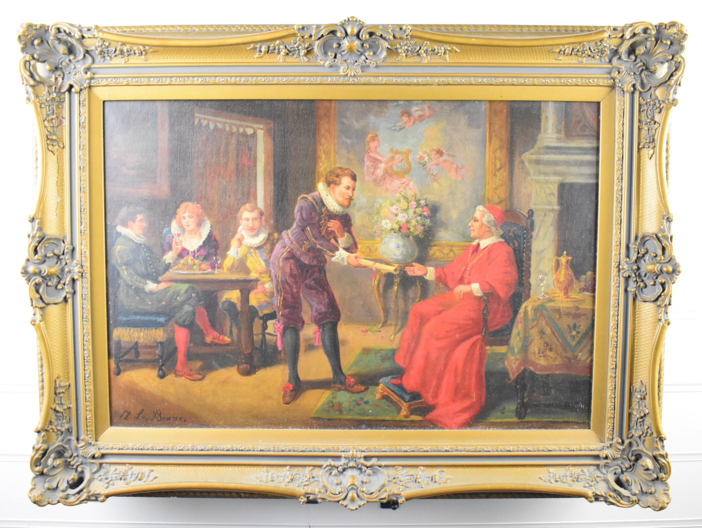 A la Brune 19th or early 20thC oil on canvas 'An Audience with a Cardinal', signed lower left, 39. - Image 2 of 4