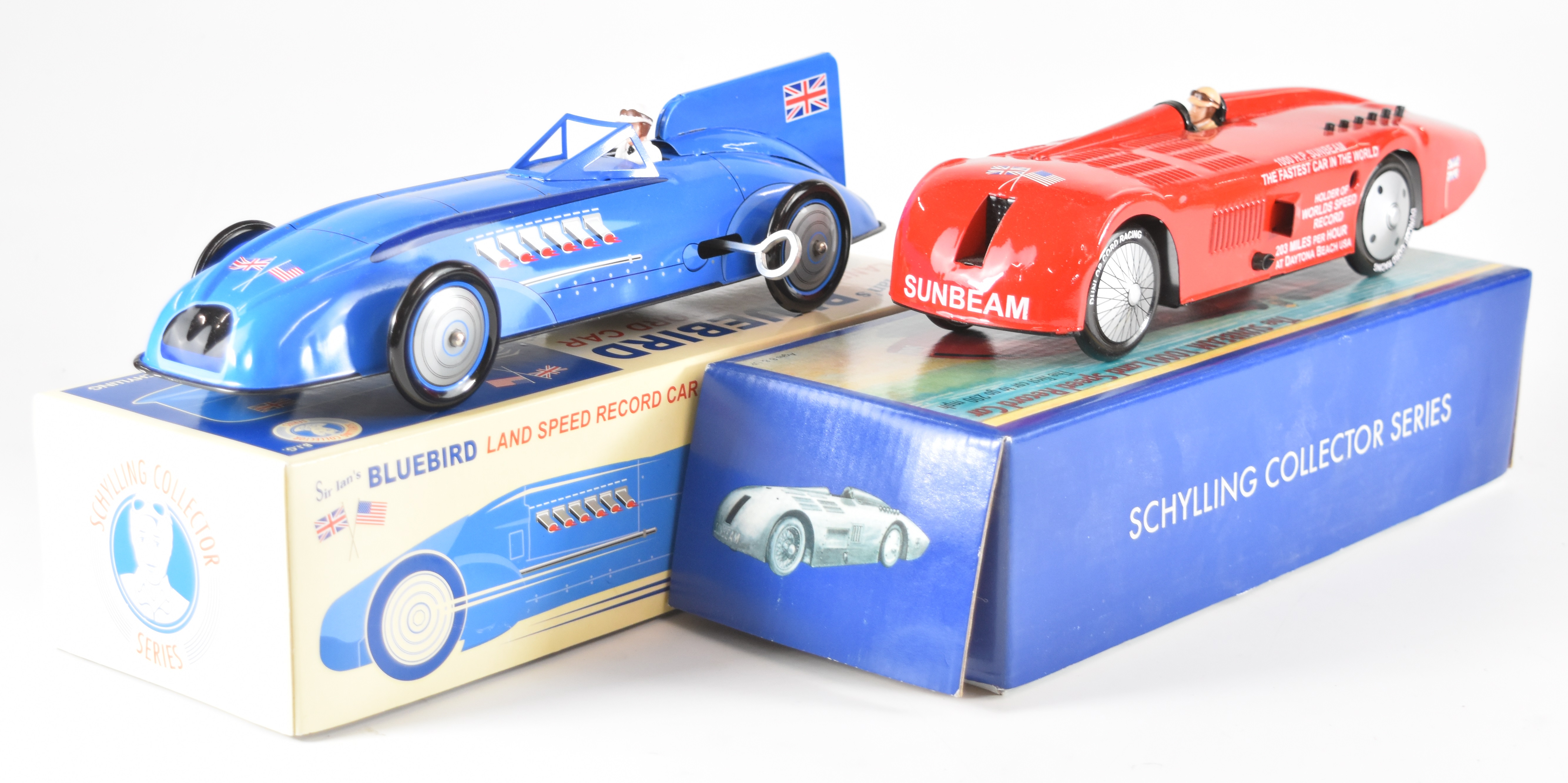 Two Schylling Collector Series tinplate land speed record cars comprising Sir Ian's Bluebird and The