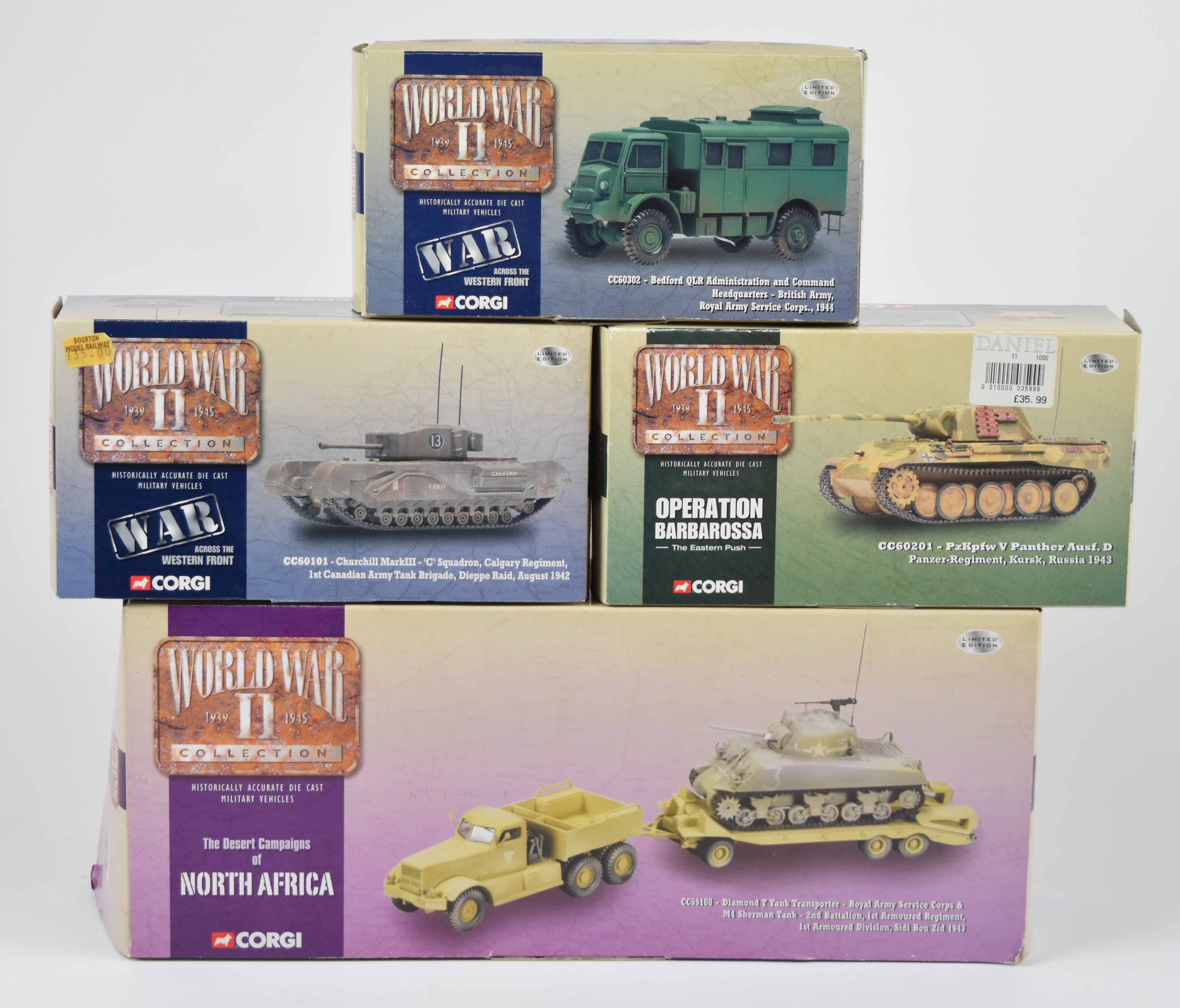 Four Corgi World War II Collection 1:50 scale diecast model military vehicles to include Diamond