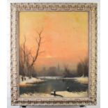 Nils Hans Christiansen (1850-1922) oil on canvas winter landscape with moonlit buildings beyond,