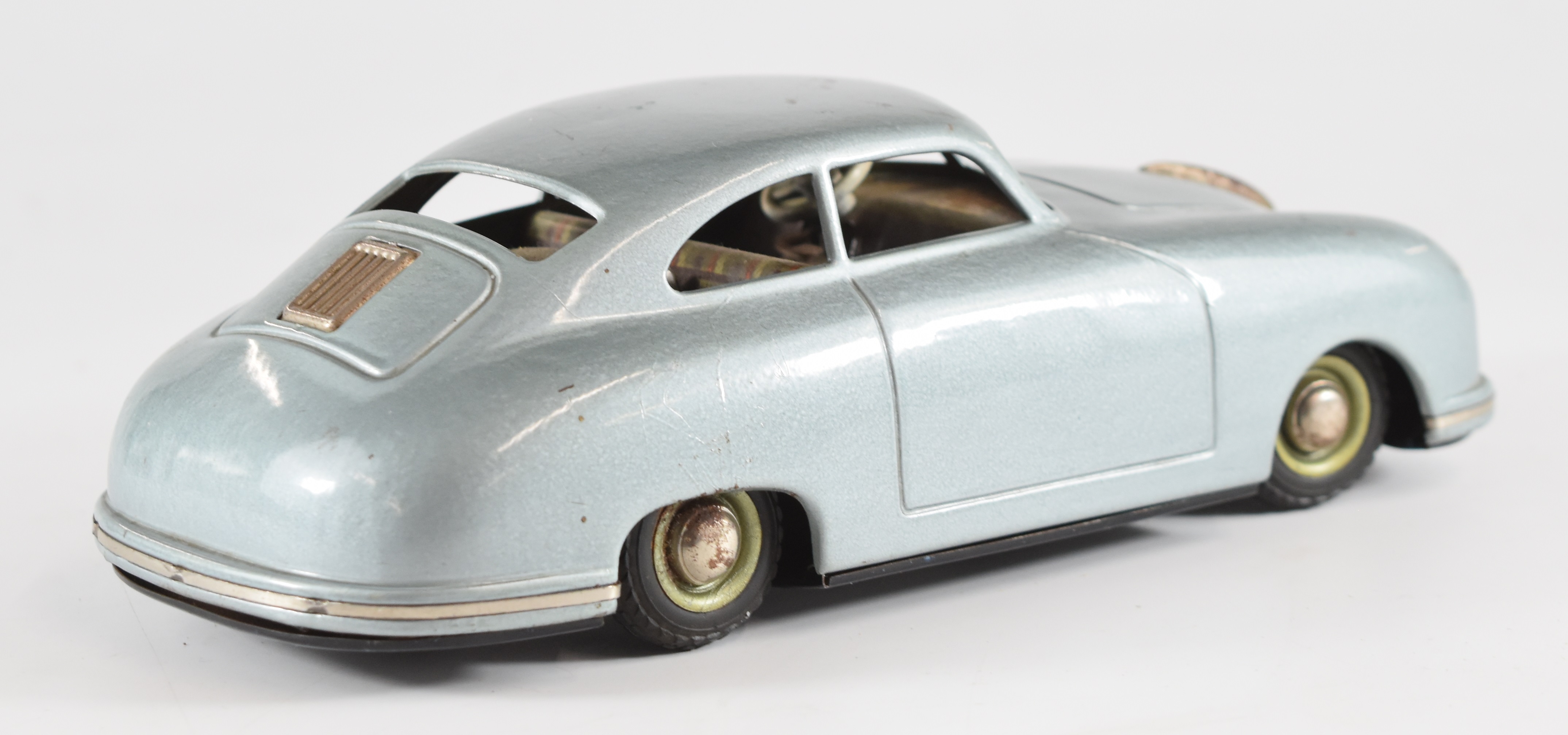 JNF Prototyp Porsche 356 tinplate clockwork car with metallic blue body and plaid interior. - Image 3 of 5