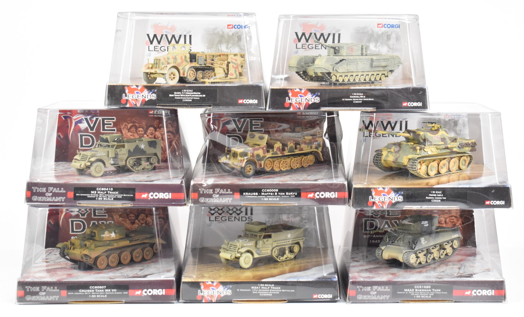 Eight Corgi WWII Legends 1:50 scale diecast military vehicles to include Panther Ausf.A Regimental