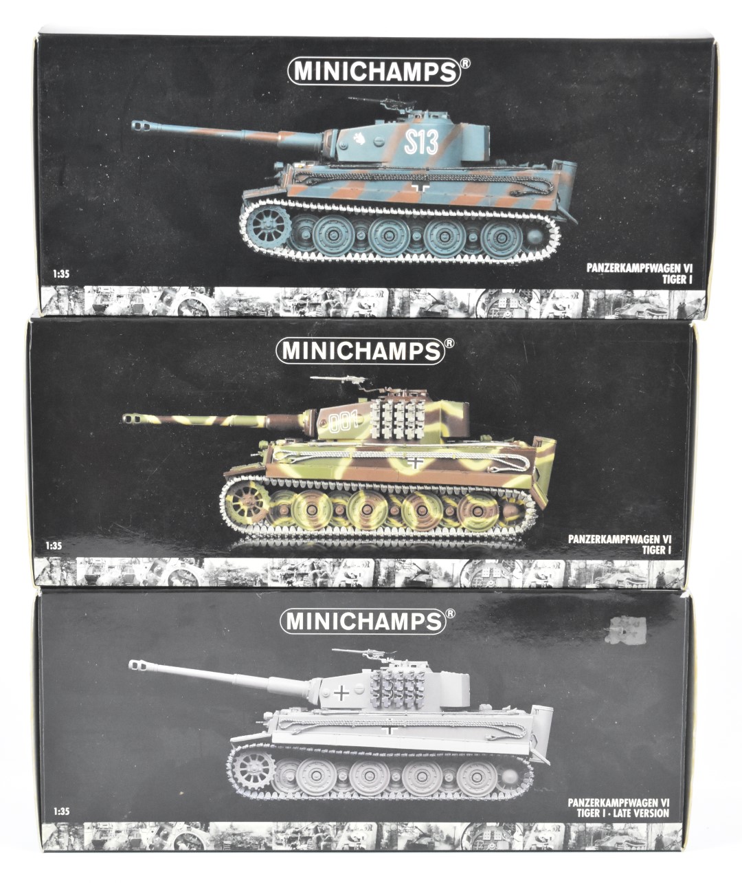 Three Minichamps 1:35 scale diecast model tanks comprising three variations of The