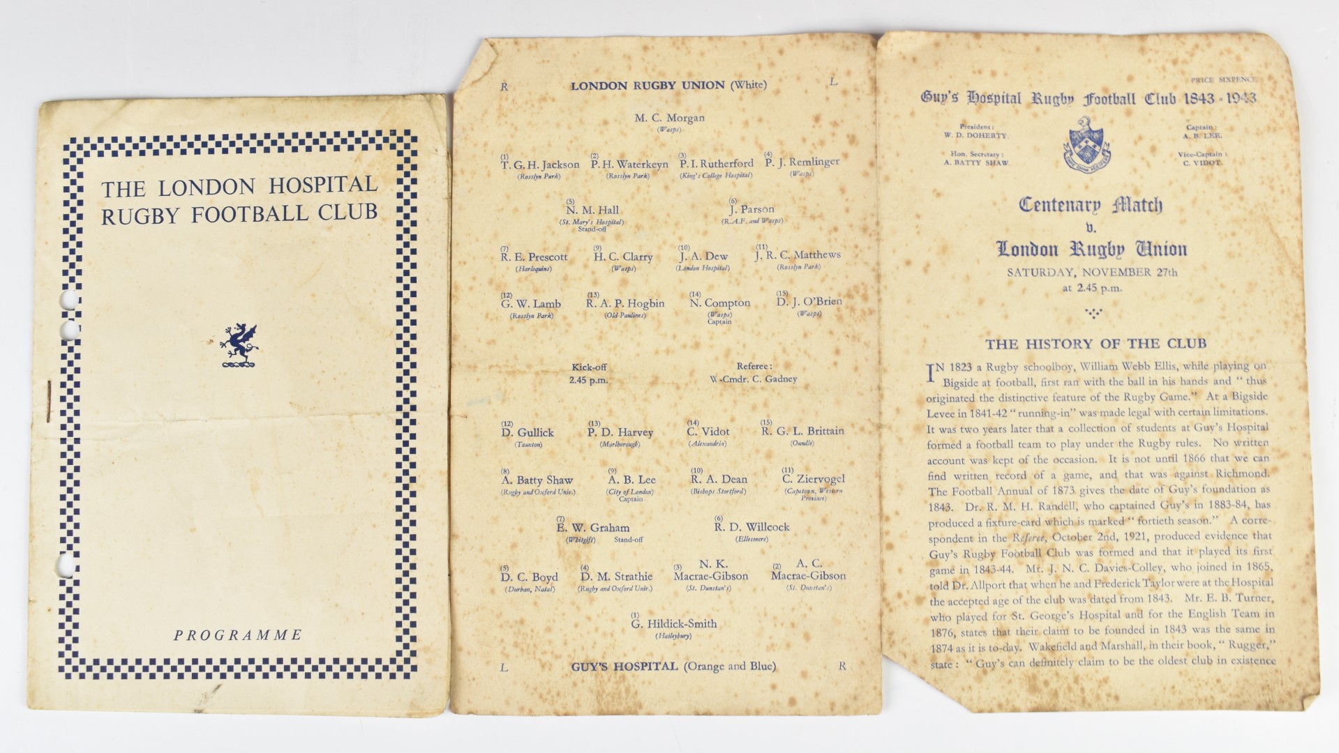 Guys Hospital Rugby (union) football club 1943 centenary match programme v London Rugby Union and