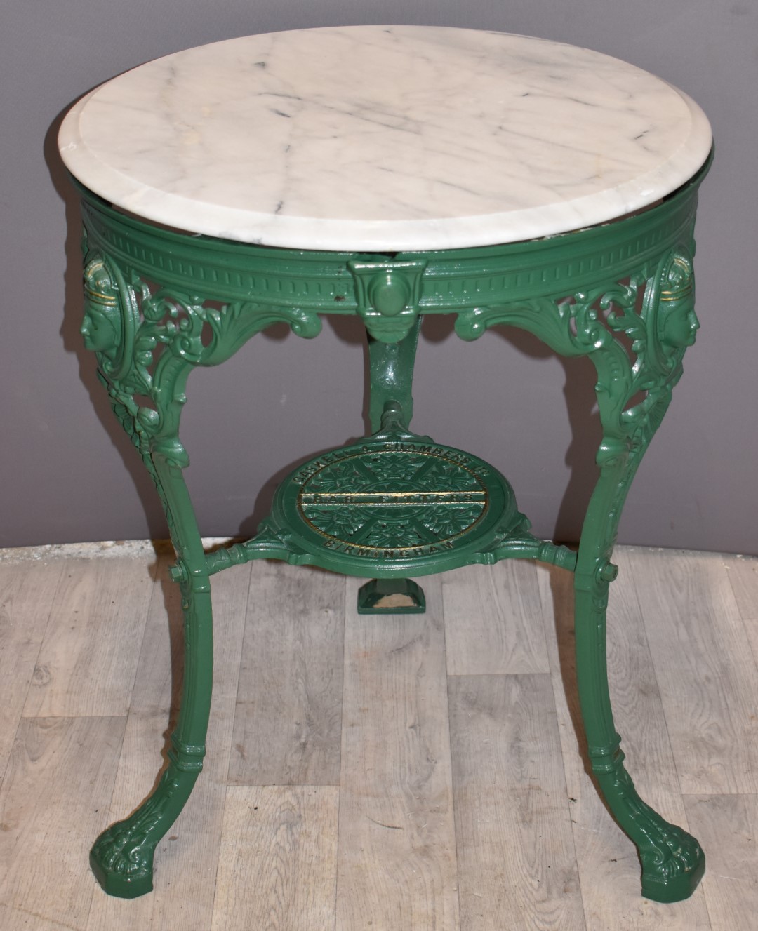 Cast iron pub table with marble top and Gaskell and Chambers, Bar Fitters, Birmingham to the