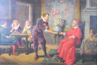 A la Brune 19th or early 20thC oil on canvas 'An Audience with a Cardinal', signed lower left, 39.