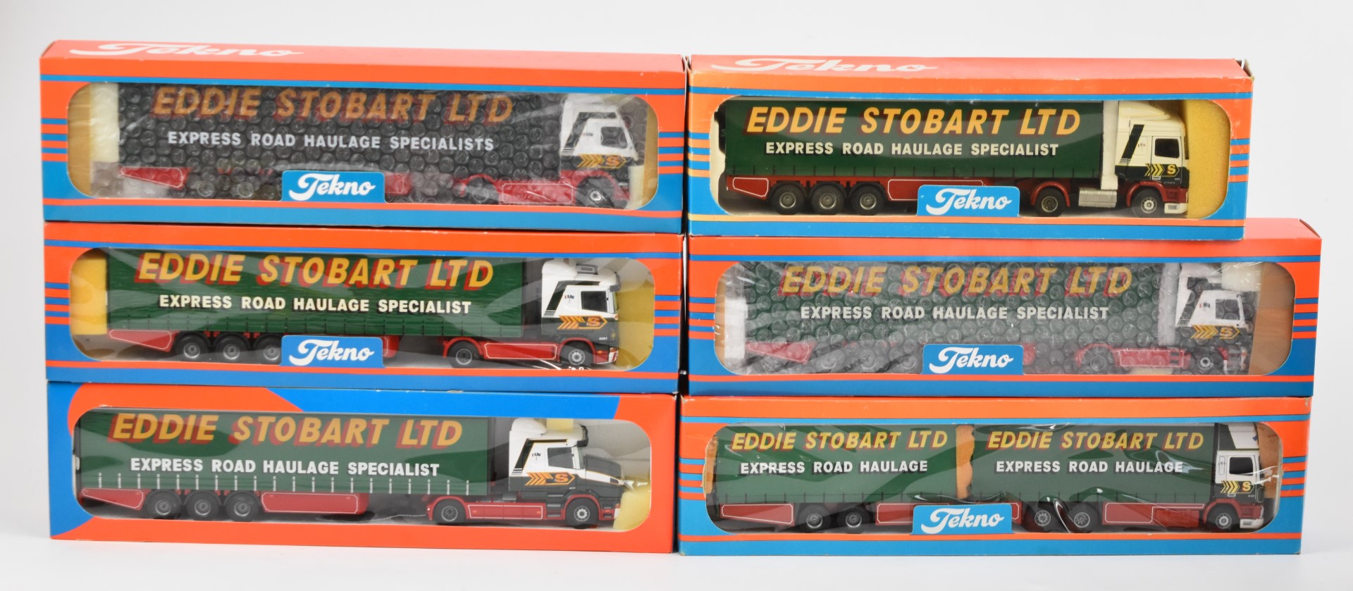 Six Tekno 1:50 Eddie Stobart Ltd scale diecast model haulage vehicles to include No. 64 Eddie