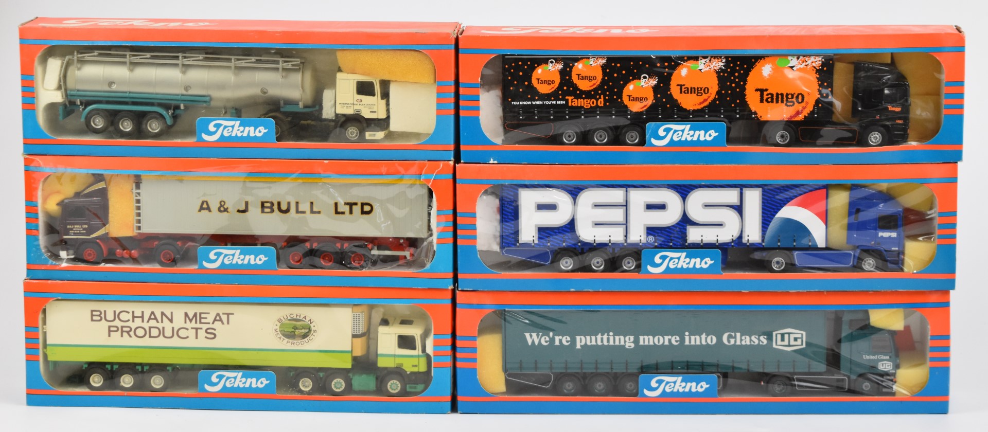 Six Tekno 1:50 scale diecast model haulage vehicles to include No.68 Pepsi 05/1998 and 67 Tango 03/