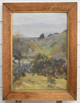 Agnes Hilda Coates (1877-1957) oil on board landscape with sea beyond 'No 2 Down to the Sea', titled