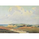 Eric Slater (1896-1963) watercolour of horse drawn ploughing, cliffs and seascape, signed lower
