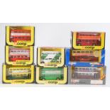 Eight Corgi diecast model buses to include Routemaster British Meat advertising 469, Routemaster