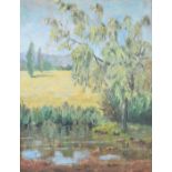 Cleave oil on board Lechlade, Gloucestershire landscape, with label verso, 35 x 45cm, in part gilt