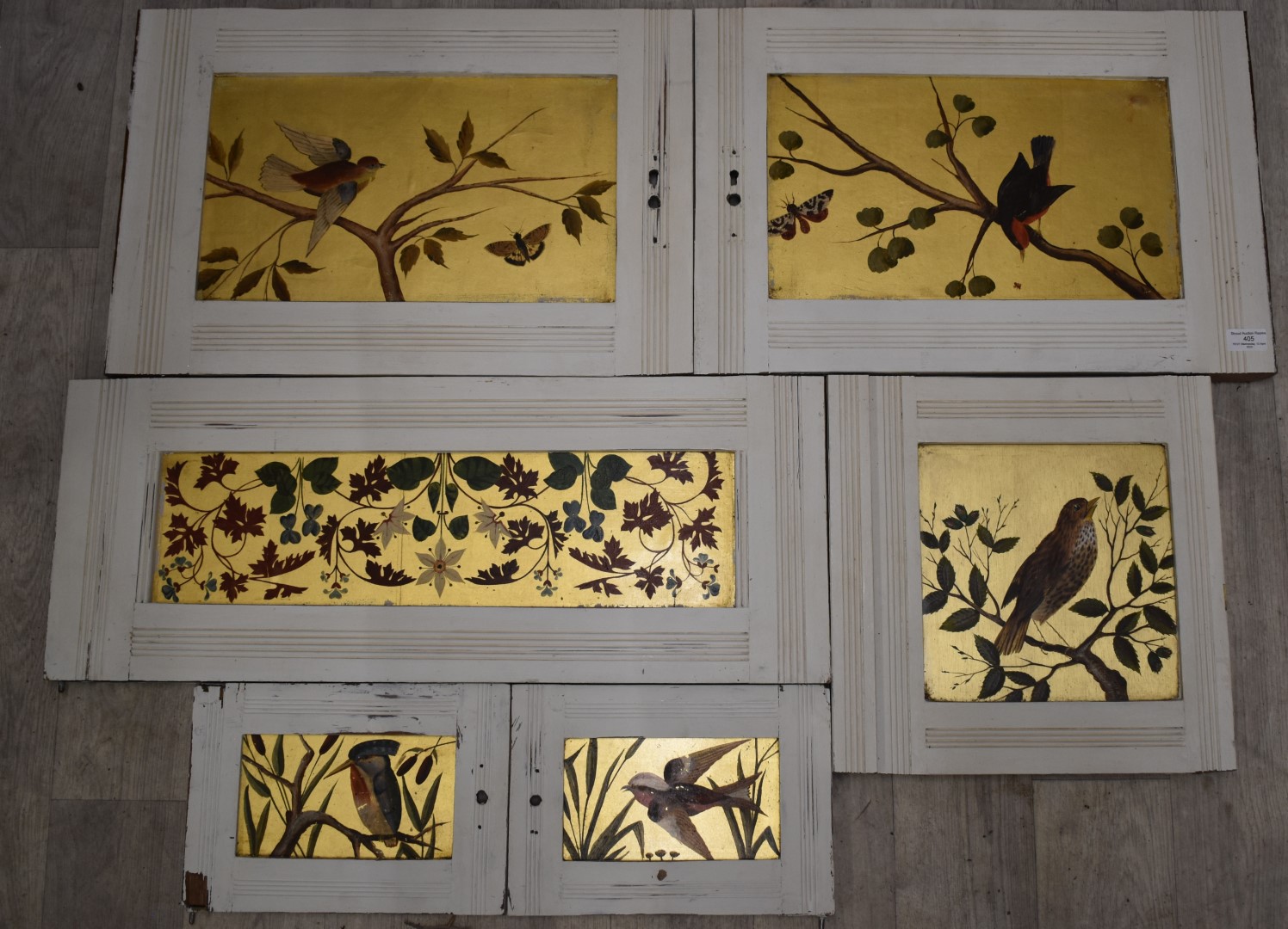 Aesthetic painted wooden panels with gilt, floral and bird decoration, longest 70 x 28cm