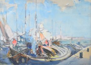 Arthur Henry Knighton-Hammond (1875-1970) watercolour Venice boats alongside a quay, signed lower