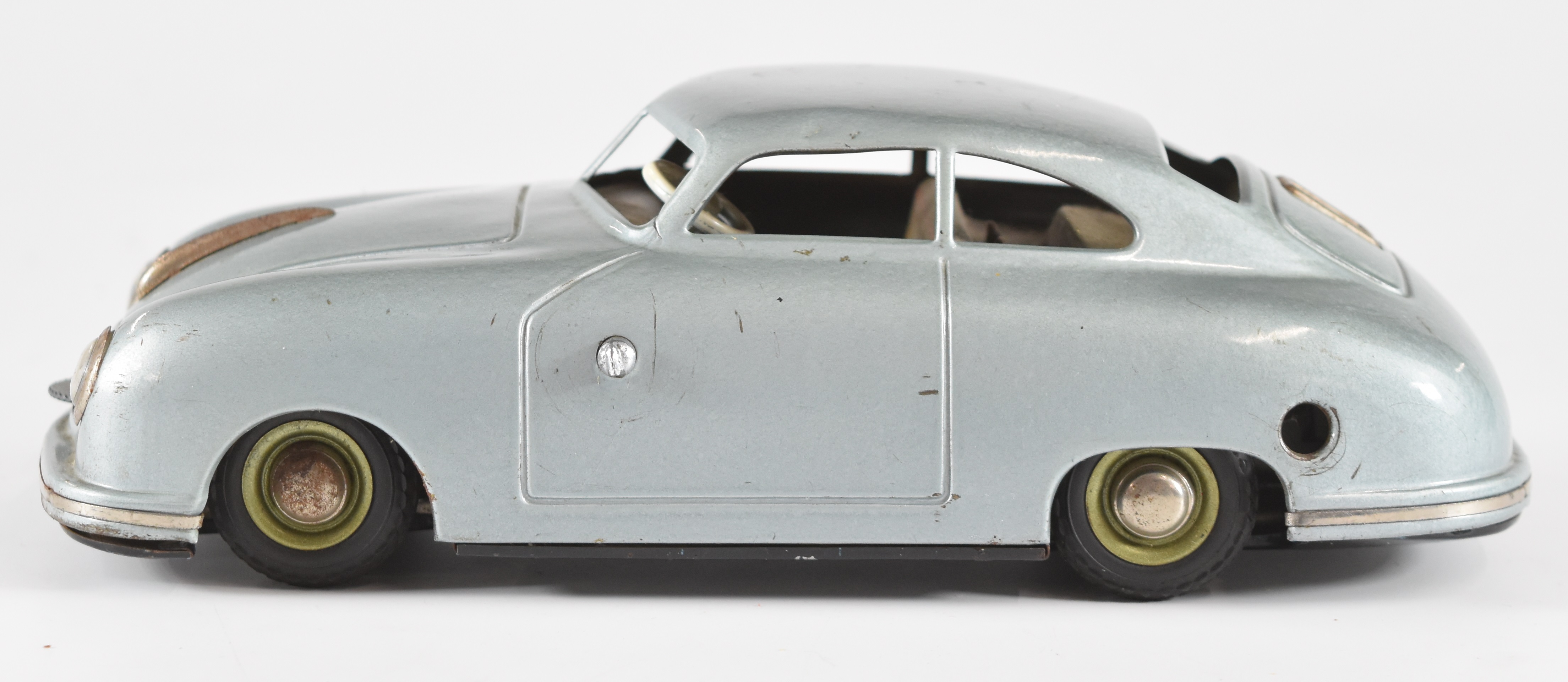 JNF Prototyp Porsche 356 tinplate clockwork car with metallic blue body and plaid interior. - Image 2 of 5