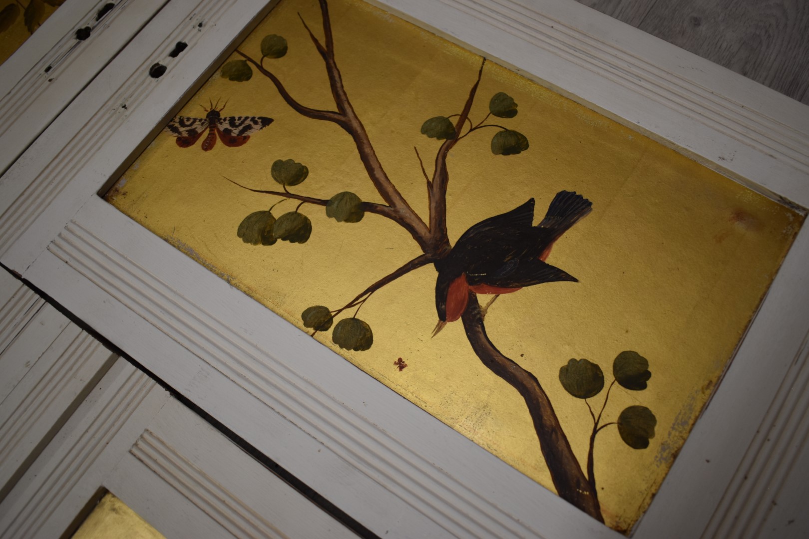 Aesthetic painted wooden panels with gilt, floral and bird decoration, longest 70 x 28cm - Image 3 of 5