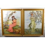 Pair of likely 19thC paintings on glass, one a lady with grape vine and other harvest, the other a