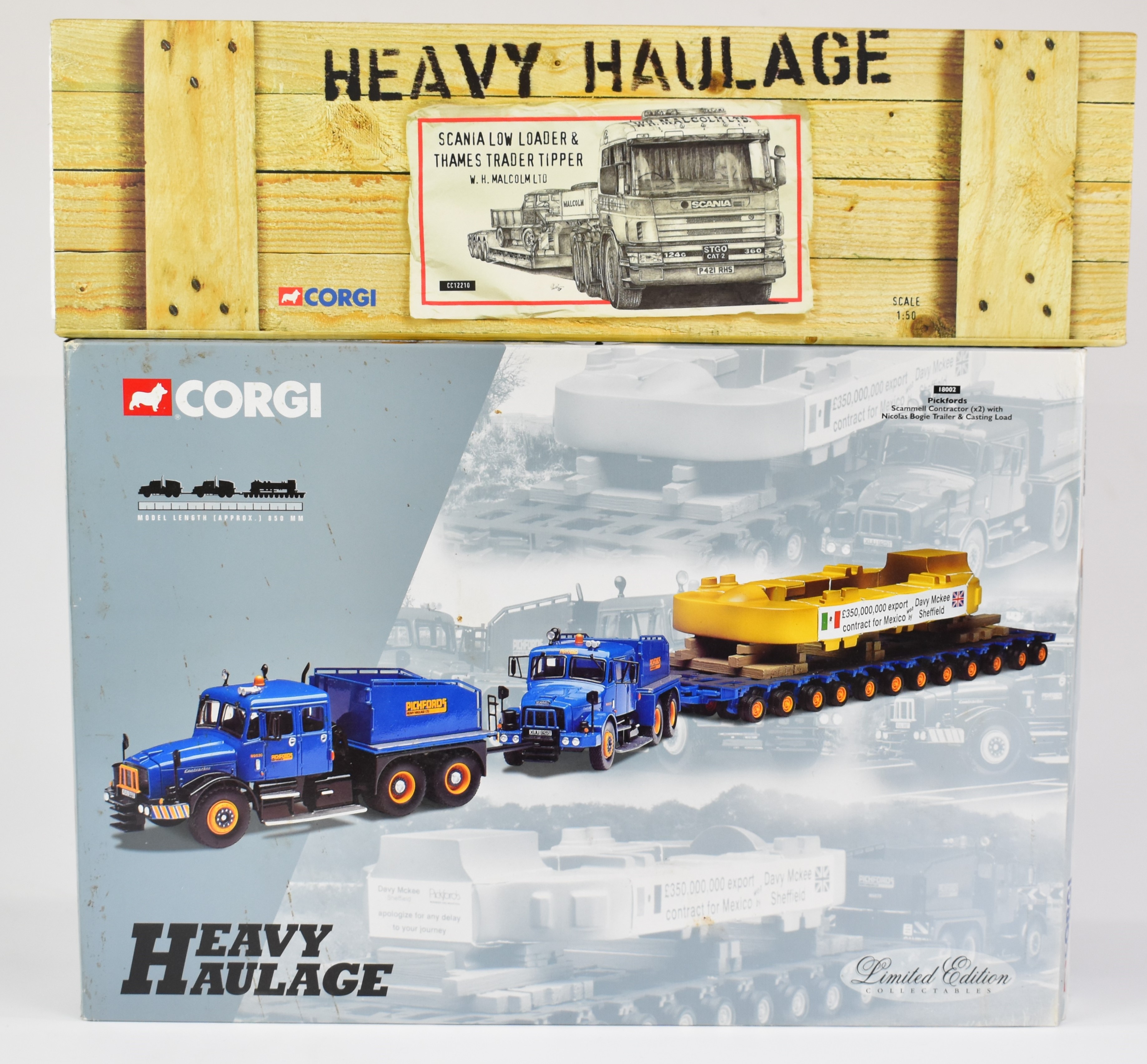 Two Corgi Heavy Haulage 1:50 scale diecast model vehicles comprising Pickfords Scammell Contractor