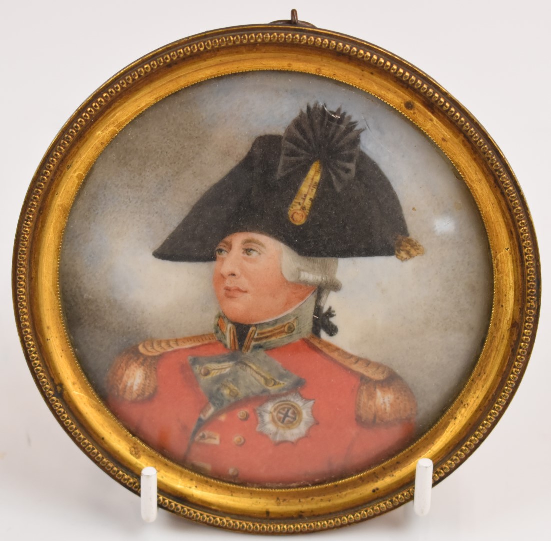 19thC portrait miniature on ivory, believed to depict King George III, in period gilt frame, overall