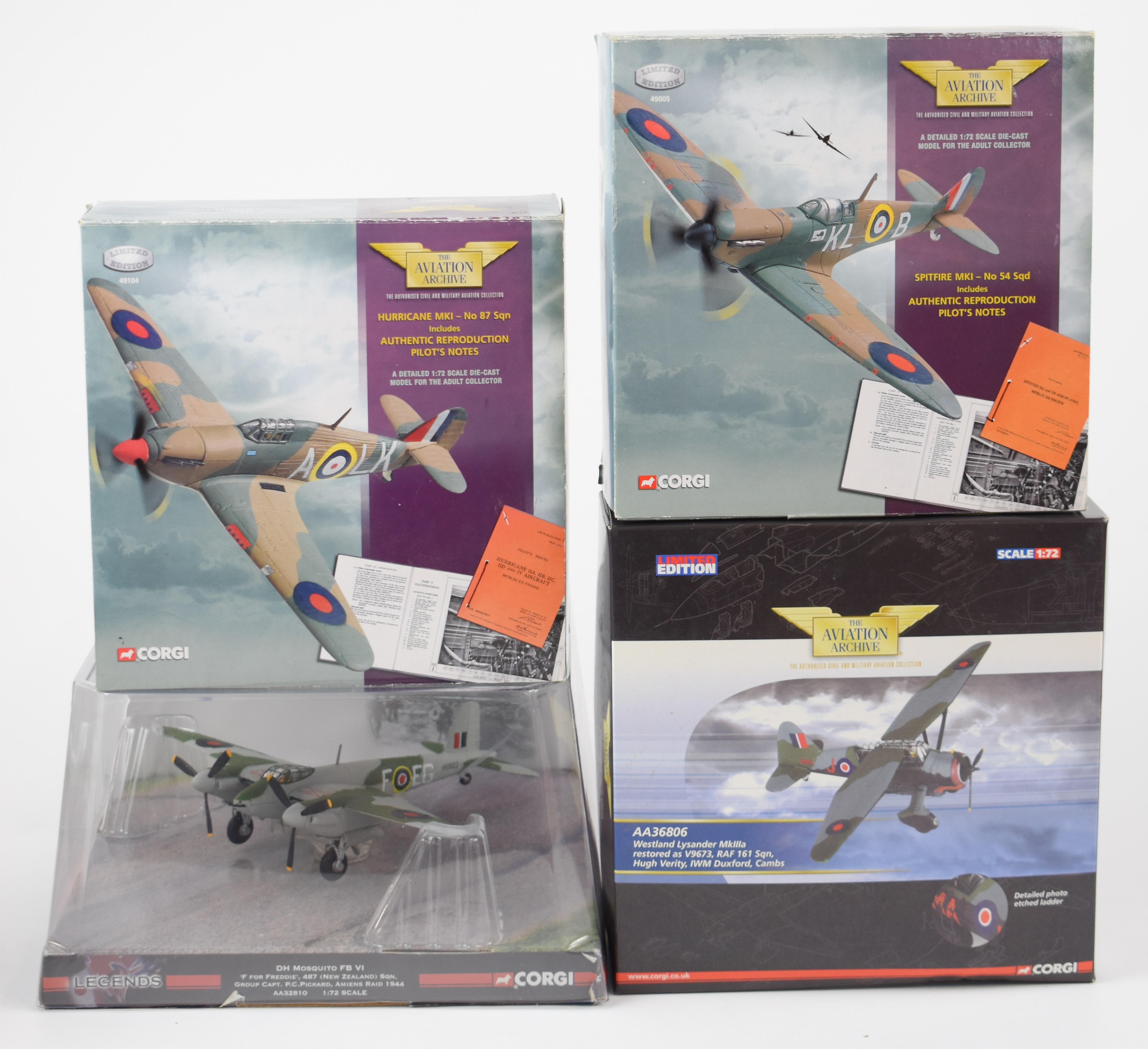 Four Corgi Aviation Archive 1:72 scale diecast model aircraft comprising Westland Lysander MkIIIa,