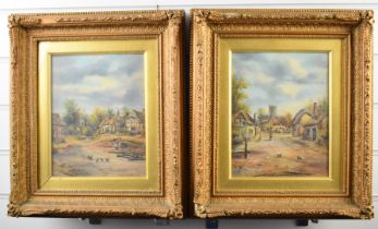 W E Pitt pair of oil on canvas village scenes, both signed lower left, 24 x 19cm, in ornate gilt