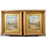 W E Pitt pair of oil on canvas village scenes, both signed lower left, 24 x 19cm, in ornate gilt