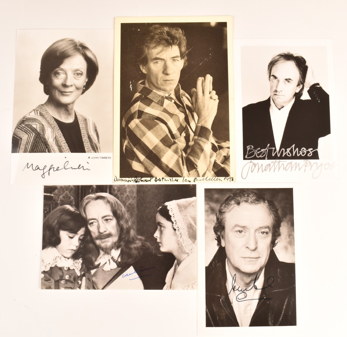 Five autographed celebrity postcards signed by Michael Caine, Alec Guinness, Maggie Smith, Ian