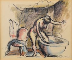 Edward Ardizonne RA (1900-1979) pen and ink study of a woman getting into a bath, signed lower right