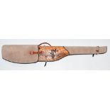 Canvas and embossed leather shotgun or rifle slip with decoration of a stag in a landscape, 129cm