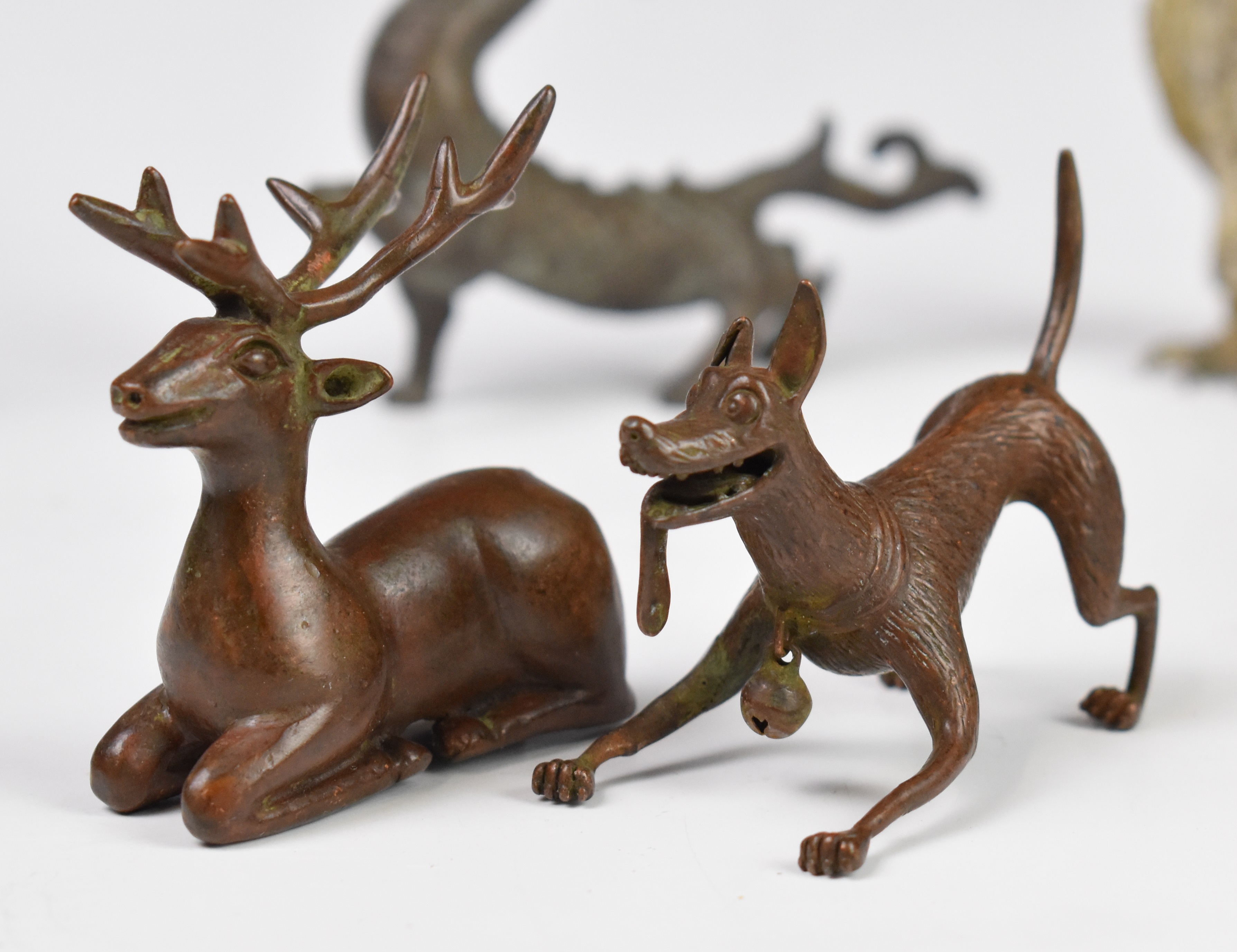 Collection of Japanese and Chinese bronze and cast metal animals including dragon, goat etc - Image 3 of 5