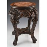 Chinese padauk wood jardinière stand with carved and pierced decoration of birds in foliage and