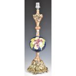 Moorcroft sphere table lamp with giltwood base decorated in the Hibiscus pattern, height 48cm