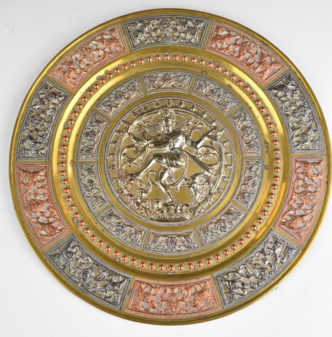 Tibetan copper horn, white metal and copper on brass charger with deity decoration and a pair of - Image 3 of 5