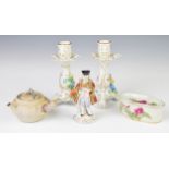 Dresden candlesticks, bisque wine pourer, Chinese porcelain cricket container / pot pourri etc,