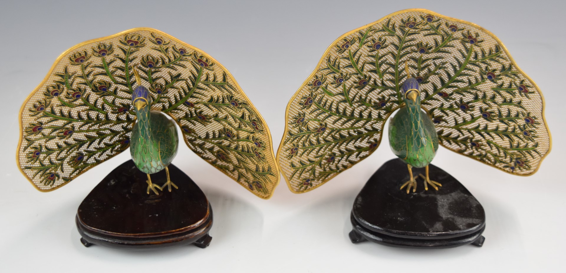 Chinese cloisonné pair of peacocks on stands, W16 x H13cm - Image 2 of 4