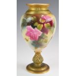 Royal Worcester pedestal vase decorated with roses and a butterfly verso, height 14cm