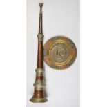 Tibetan copper horn, white metal and copper on brass charger with deity decoration and a pair of