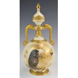 Royal Worcester covered vase decorated with an owl before a rising moon in the style of Baldwyn,