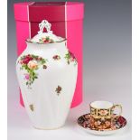 Royal Albert Old Country Roses covered vase in presentation box and Royal Crown Derby Imari cup