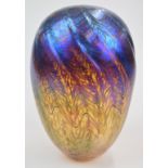Peter Layton iridescent glass vase with orange and blue decoration, signed 'Peter Layton 1985' to