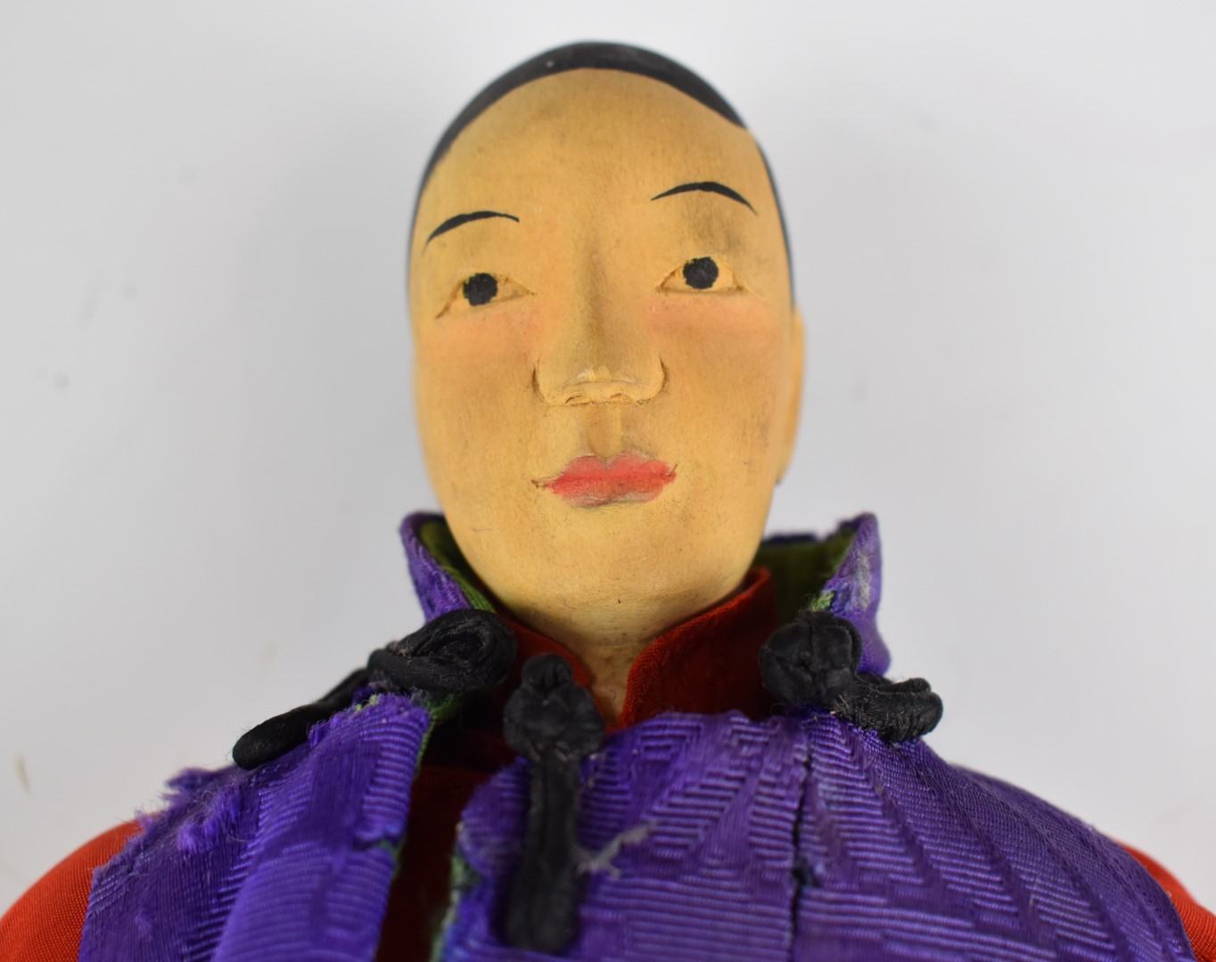 Chinese 'Door of Hope' doll wearing a pink dress and purple silk jacket, height 22cm - Image 3 of 3