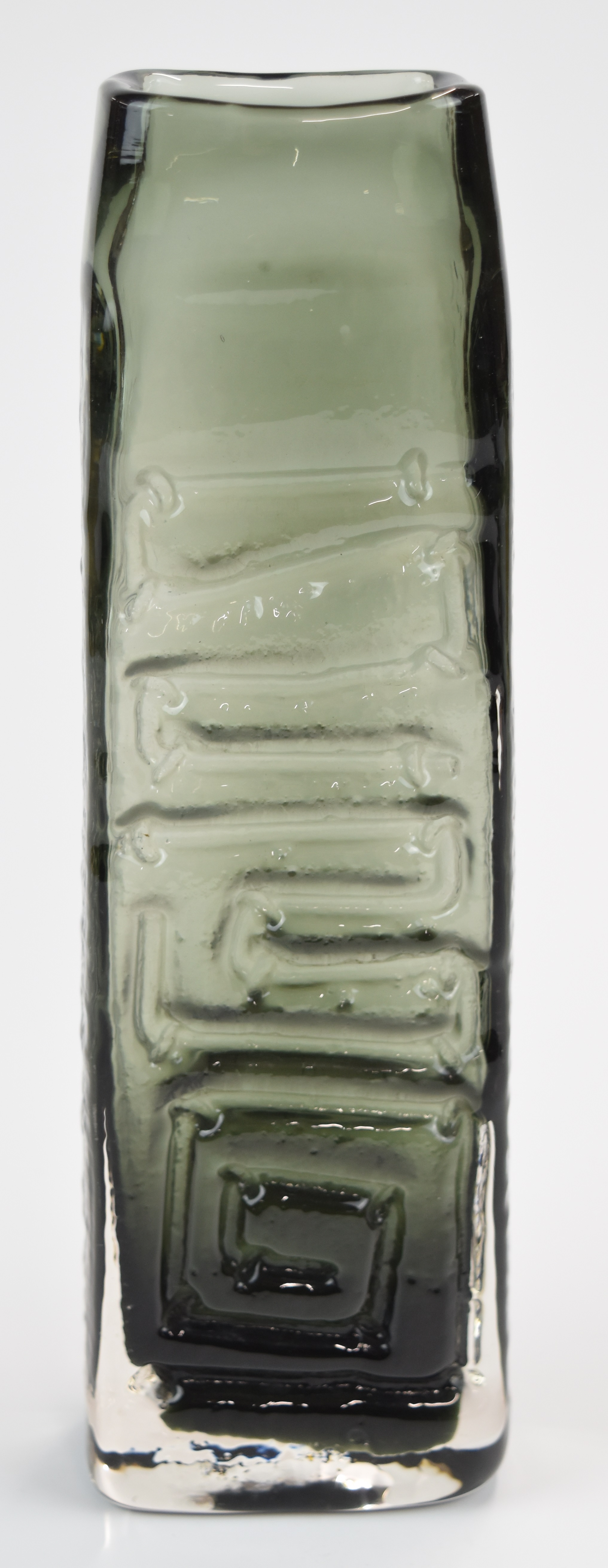 Geoffrey Baxter for Whitefriars Greek Key pewter grey glass vase, 26cm tall.