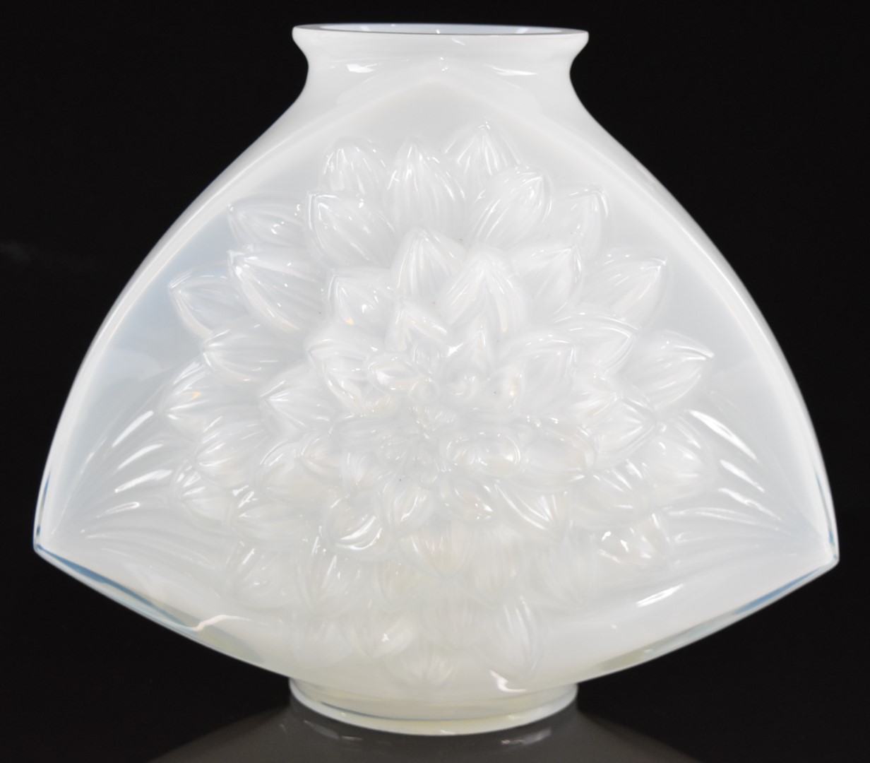 Lalique Dahlia opalescent glass vase decorated to both sides with a large dahlia flower, signed to
