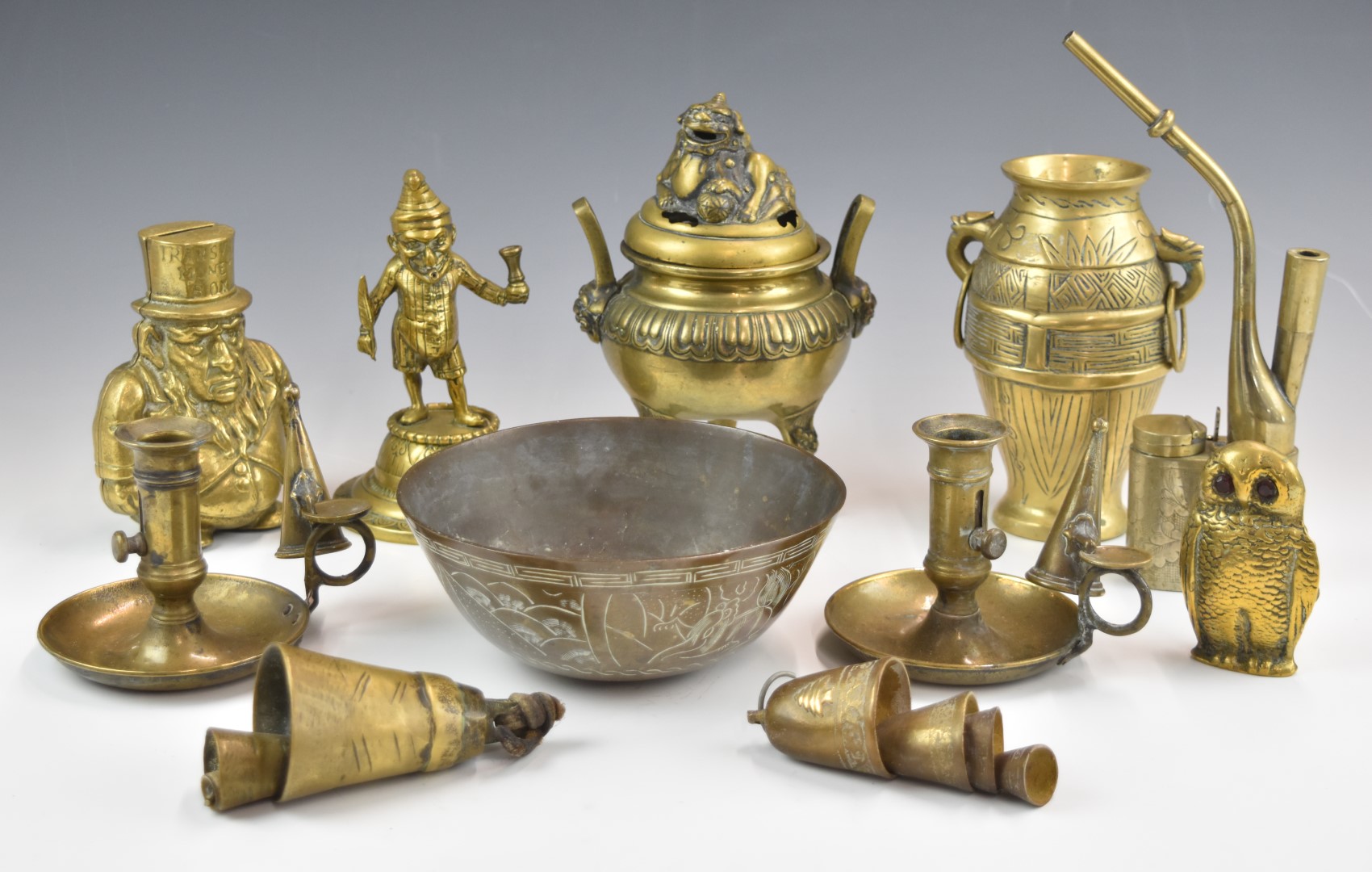 A collection of Chinese brass items including censer, vases, opium pipe etc