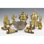A collection of Chinese brass items including censer, vases, opium pipe etc