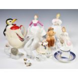 A collection of ceramics and glass including Royal Doulton figures, Copenhagen swan, Swarovski